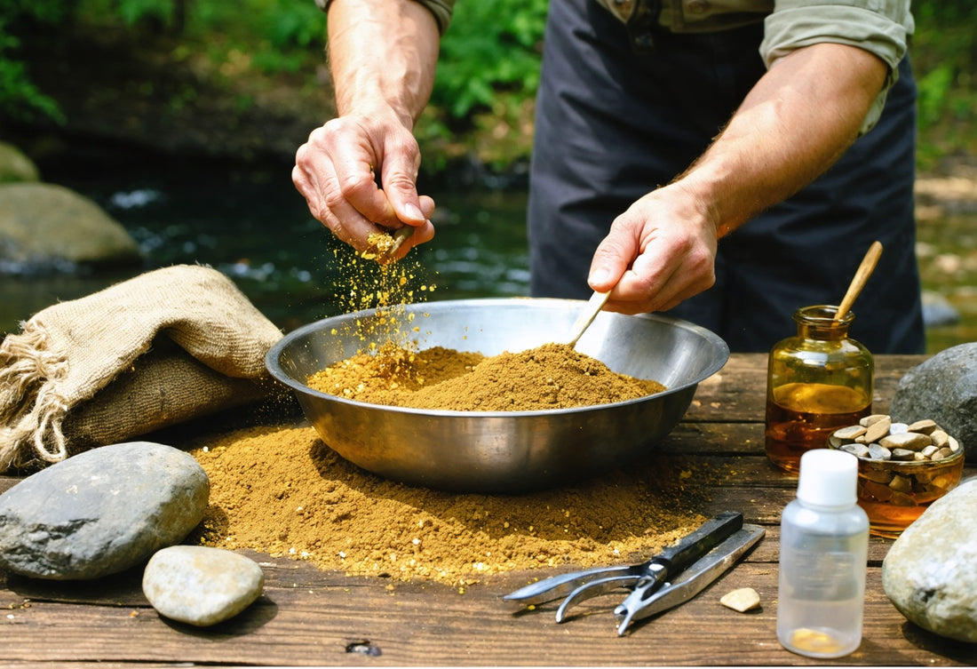 Hands panning for real gold with gold paydirt bags by a river, experience authentic gold prospecting excitement